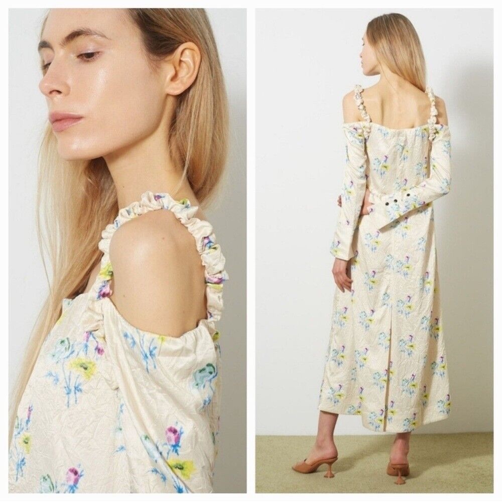 NWT GANNI - Ganni Floral Off the Shoulder Long Sleeve Crinkled Satin Maxi Dress - Picture 4 of 9